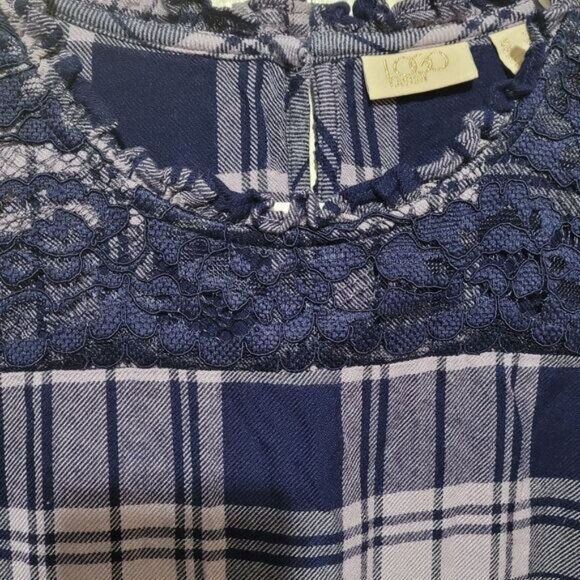 LOGO Lavish Lori Goldstein Woven Plaid Blouse Tunic Top Lace Detail - Picture 4 of 7